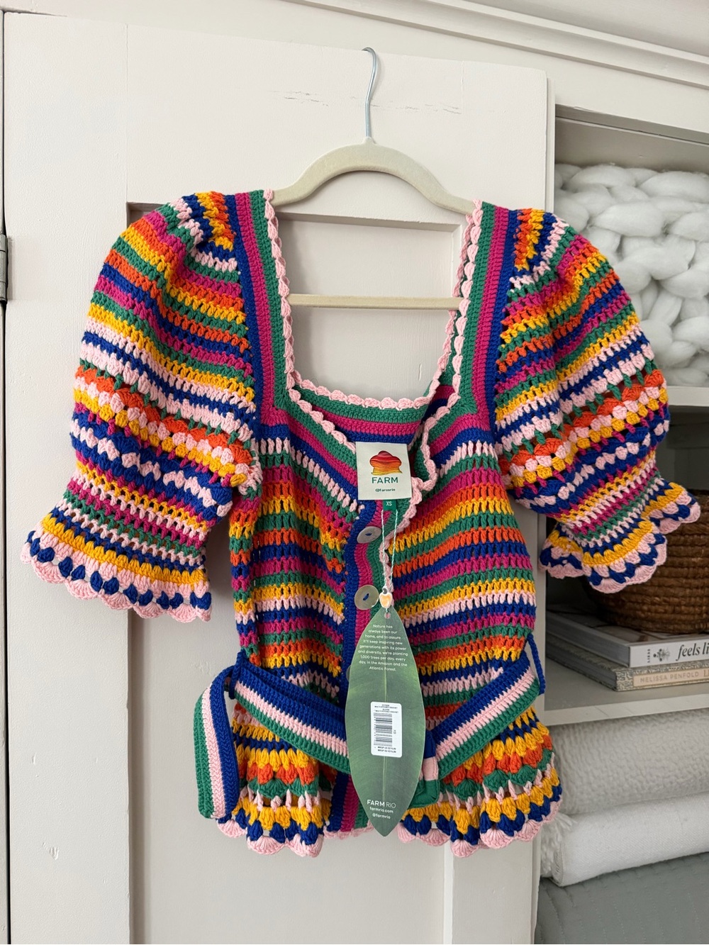 Farm Rio Multicolor Crochet Puff Sleeve Cardigan